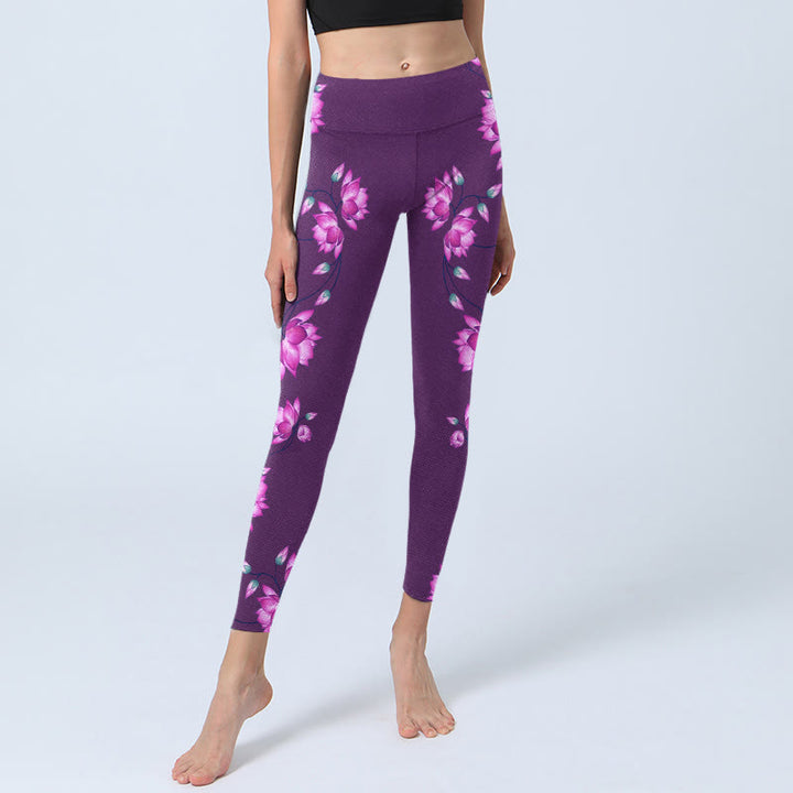 Buddha Stonesパープル ピンク ロータスフラワープリント ジムレギンス レディース ヨガパンツ - image 6