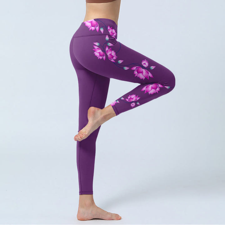 Buddha Stonesパープル ピンク ロータスフラワープリント ジムレギンス レディース ヨガパンツ - image 4