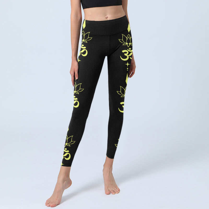 Buddha Stonesと蓮の花、OMシンボルプリントのジムレギンス、レディースヨガパンツ - image 6