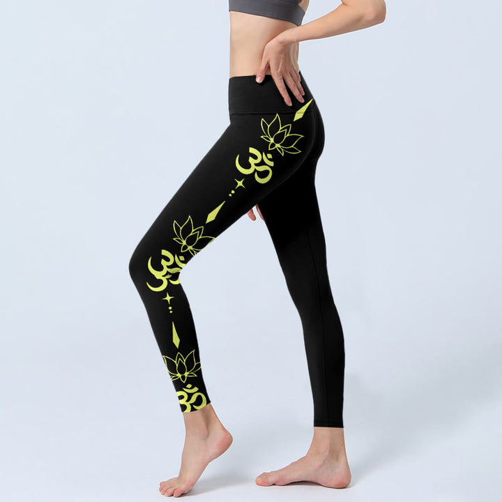 Buddha Stonesと蓮の花、OMシンボルプリントのジムレギンス、レディースヨガパンツ - image 3