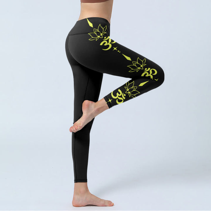 Buddha Stonesと蓮の花、OMシンボルプリントのジムレギンス、レディースヨガパンツ - image 4