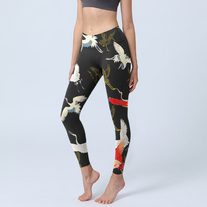 Buddha Stonesホワイト レッド ゴールド クレーン プリント ジムレギンス レディース ヨガパンツ - 黒 - US18、 UK/AU22、 EU50 (4XL) - image 1