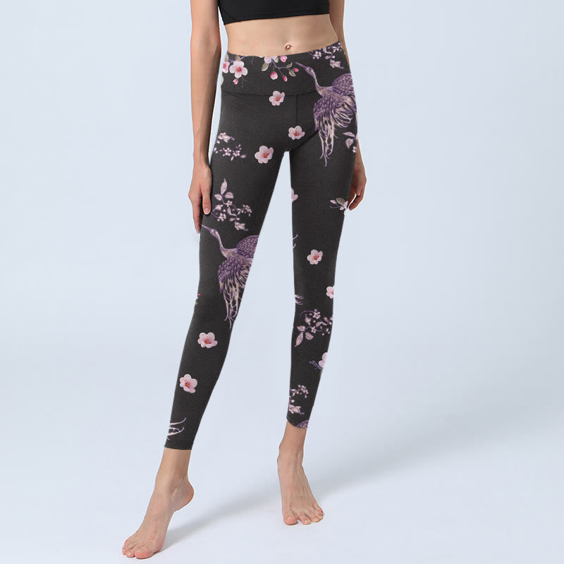 Buddha Stones、ピンクの花、飛ぶ鶴のプリント、ジムレギンス、レディースヨガパンツ - image 6