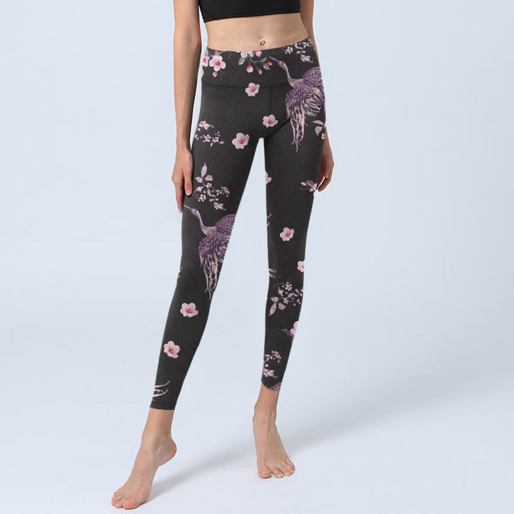 Buddha Stones、ピンクの花、飛ぶ鶴のプリント、ジムレギンス、レディースヨガパンツ - image 6