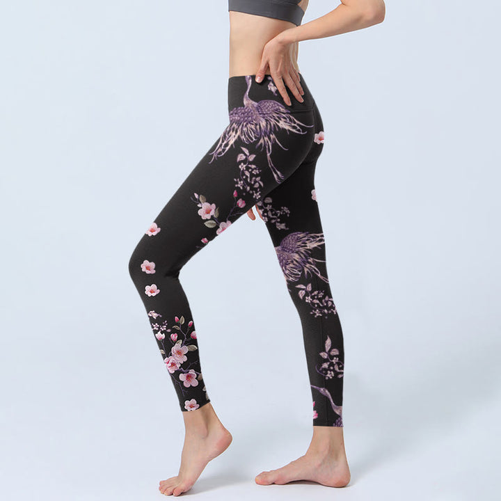 Buddha Stones、ピンクの花、飛ぶ鶴のプリント、ジムレギンス、レディースヨガパンツ - image 3