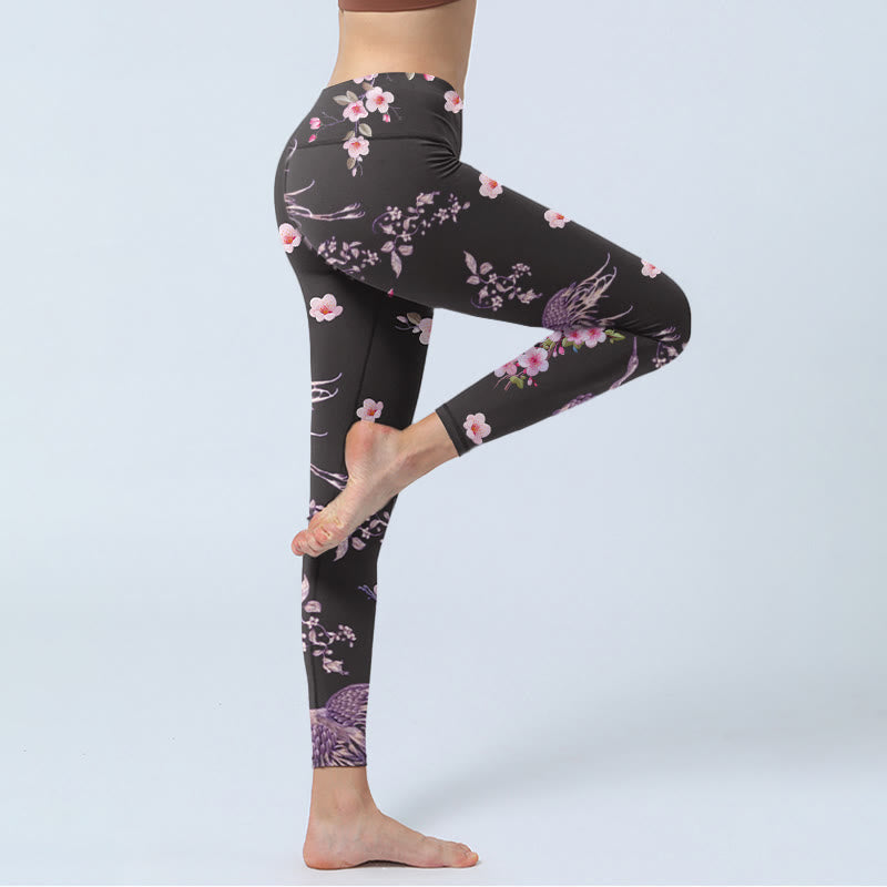 Buddha Stones、ピンクの花、飛ぶ鶴のプリント、ジムレギンス、レディースヨガパンツ - image 4