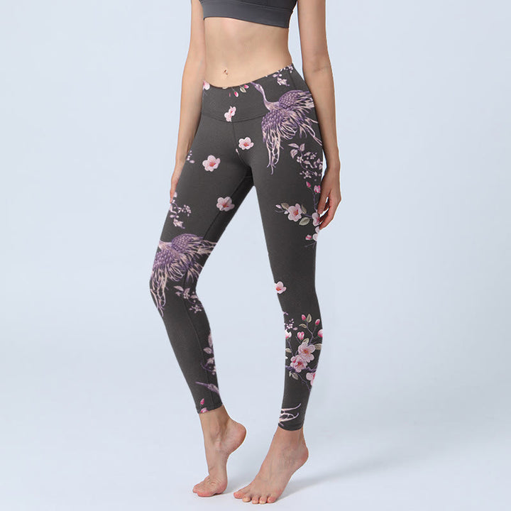 Buddha Stones、ピンクの花、飛ぶ鶴のプリント、ジムレギンス、レディースヨガパンツ - 黒 - US18、 UK/AU22、 EU50 (4XL) - image 1