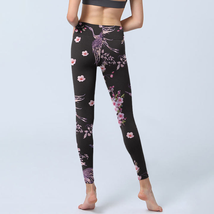 Buddha Stones、ピンクの花、飛ぶ鶴のプリント、ジムレギンス、レディースヨガパンツ - image 7