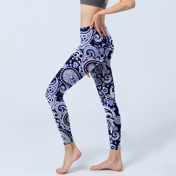 Buddha Stonesパープルブルー カシューフラワープリント ジムレギンス レディース ヨガパンツ - image 3
