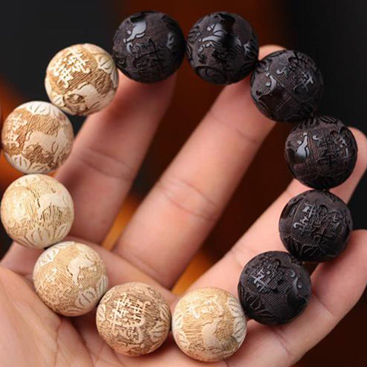 Buddha Stones、黒檀、樟脳、陰陽、牛の彫刻、平和のブレスレット - image 5
