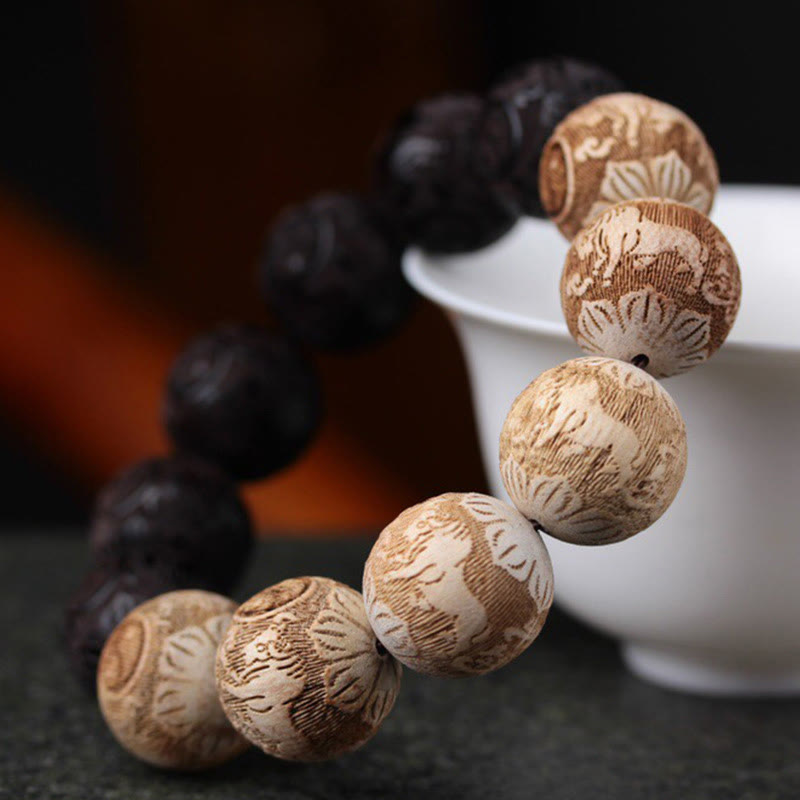 Buddha Stones、黒檀、樟脳、陰陽、牛の彫刻、平和のブレスレット - image 2