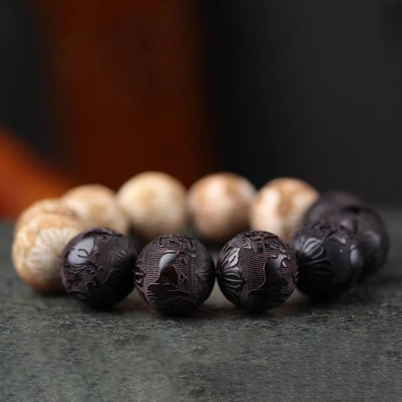 Buddha Stones、黒檀、樟脳、陰陽、牛の彫刻、平和のブレスレット - image 3