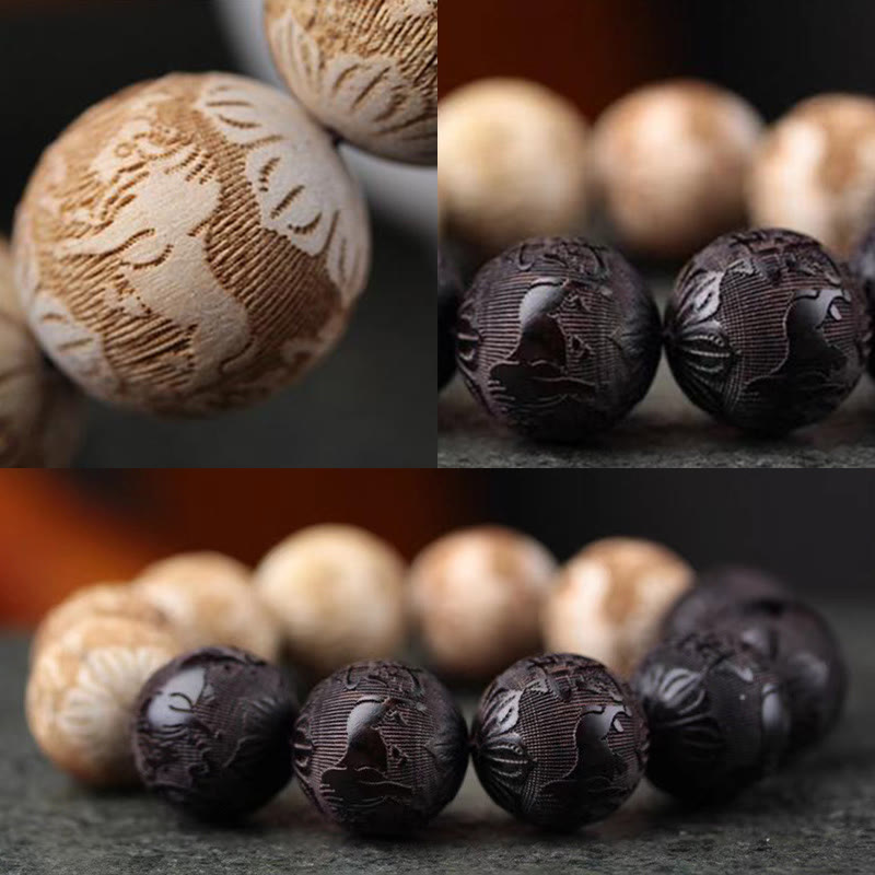 Buddha Stones、黒檀、樟脳、陰陽、牛の彫刻、平和のブレスレット - image 9