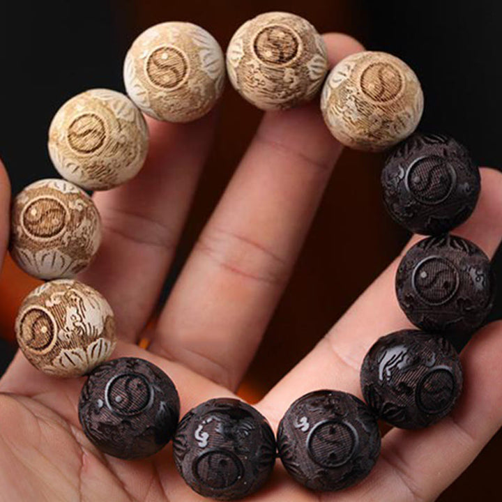 Buddha Stones、黒檀、樟脳、陰陽、牛の彫刻、平和のブレスレット - image 4