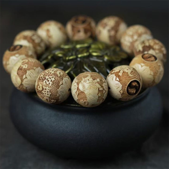 Buddha Stones、樟脳、陰陽、牛の彫刻入り透明ブレスレット - image 4