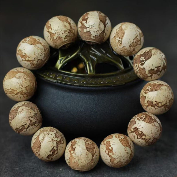 Buddha Stones、樟脳、陰陽、牛の彫刻入り透明ブレスレット - image 3