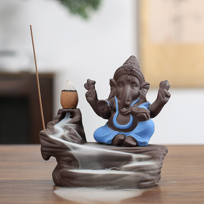 Buddha Stonesガネーシャ 象 紫粘土 逆流防止 煙噴水 保護スティック 香炉 - ブルー 10.1×11cm - image 1