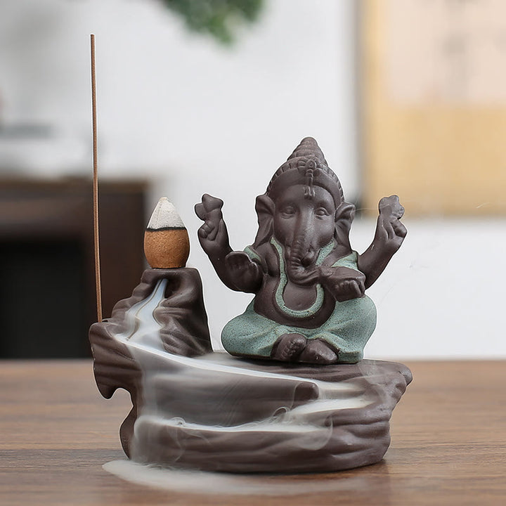 Buddha Stonesガネーシャ 象 紫粘土 逆流防止 煙噴水 保護スティック 香炉 - グリーン 10.1×11cm - image 8