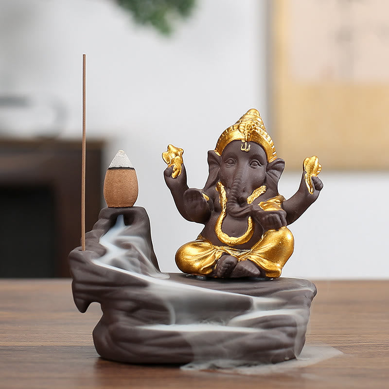 Buddha Stonesガネーシャ 象 紫粘土 逆流防止 煙噴水 保護スティック 香炉 - ゴールド 10.1×11cm - image 3