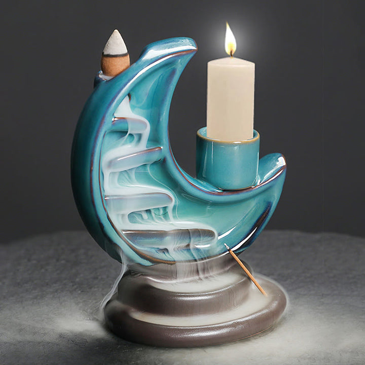 Buddha Stonesブルー 三日月 セラミック 逆流煙噴水 瞑想 燭台 香炉 装飾 - image 3