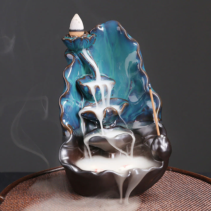 Buddha Stonesブルー 蓮の葉 セラミック 逆流煙噴水 スピリチュアル 香炉 装飾 - ブルーロータス 10.1×9.6×16.2cm - image 1