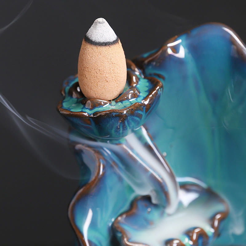 Buddha Stonesブルー 蓮の葉 セラミック 逆流煙噴水 スピリチュアル 香炉 装飾 - image 7
