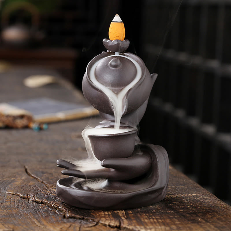 Buddha Stones仏陀の手を持つティーポットカップ セラミック逆流煙噴水 癒しの香炉装飾 - image 2