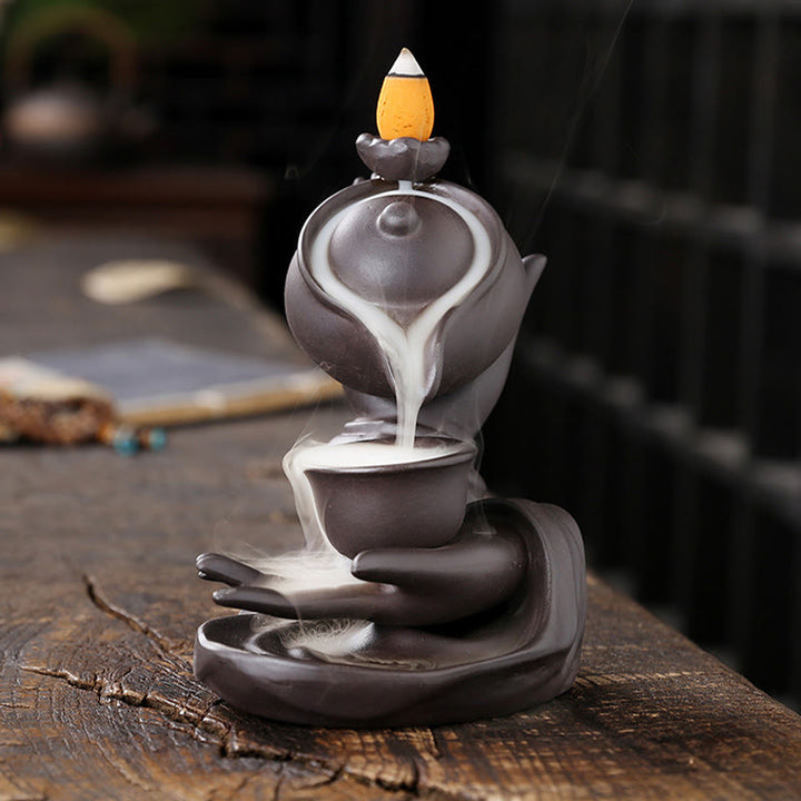 Buddha Stones仏陀の手を持つティーポットカップ セラミック逆流煙噴水 癒しの香炉装飾 - image 2