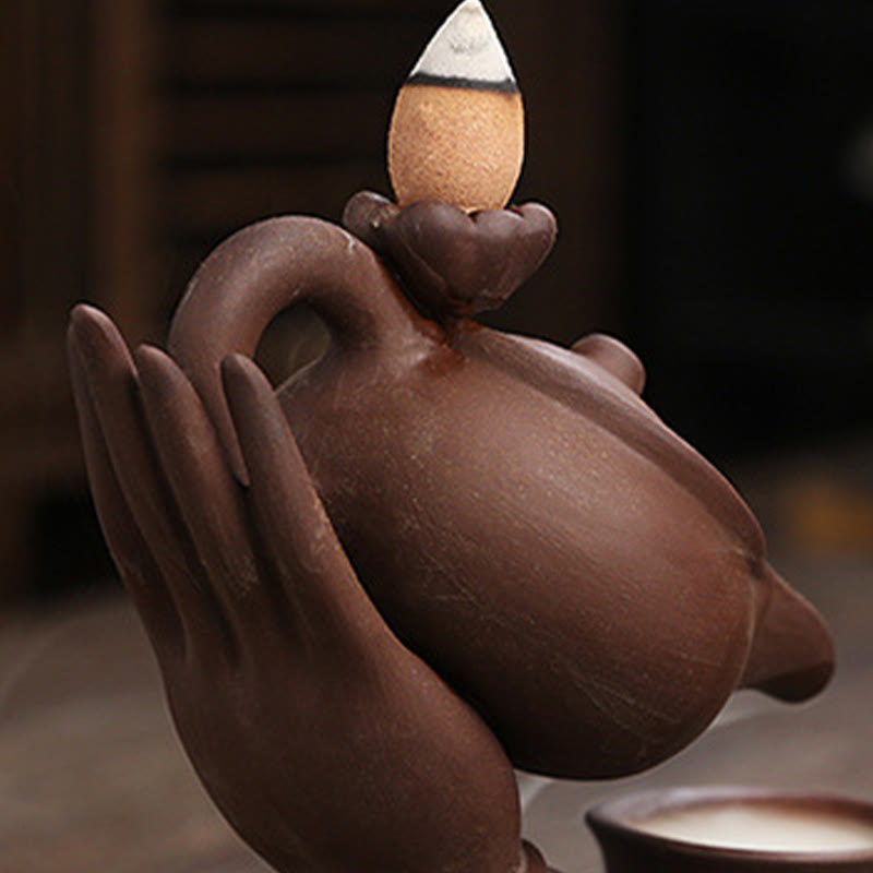 Buddha Stones仏陀の手を持つティーポットカップ セラミック逆流煙噴水 癒しの香炉装飾 - image 16