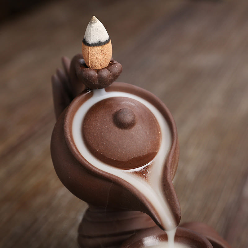 Buddha Stones仏陀の手を持つティーポットカップ セラミック逆流煙噴水 癒しの香炉装飾 - image 17
