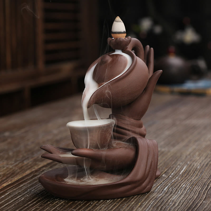 Buddha Stones仏陀の手を持つティーポットカップ セラミック逆流煙噴水 癒しの香炉装飾 - ブラウンレッド 13.7*9*13.9cm - image 12