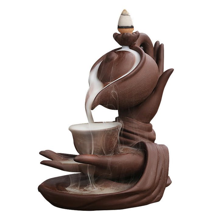 Buddha Stones仏陀の手を持つティーポットカップ セラミック逆流煙噴水 癒しの香炉装飾 - image 20