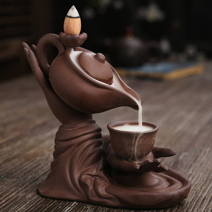 Buddha Stones仏陀の手を持つティーポットカップ セラミック逆流煙噴水 癒しの香炉装飾 - image 14