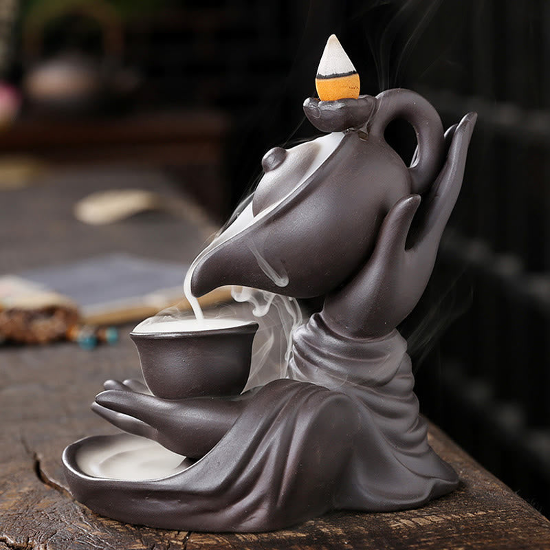 Buddha Stones仏陀の手を持つティーポットカップ セラミック逆流煙噴水 癒しの香炉装飾 - image 3