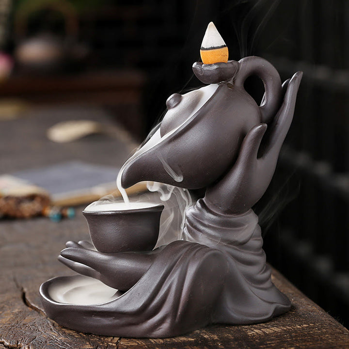 Buddha Stones仏陀の手を持つティーポットカップ セラミック逆流煙噴水 癒しの香炉装飾 - image 3
