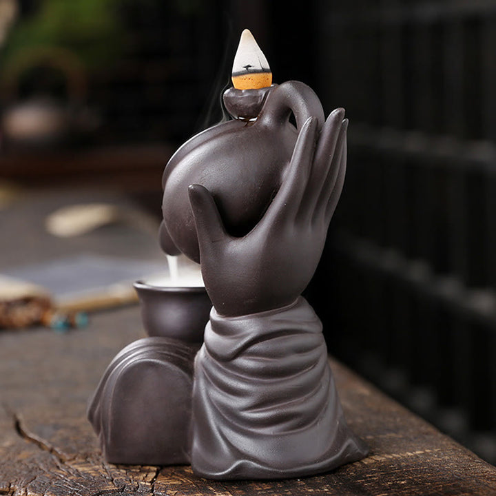 Buddha Stones仏陀の手を持つティーポットカップ セラミック逆流煙噴水 癒しの香炉装飾 - image 4
