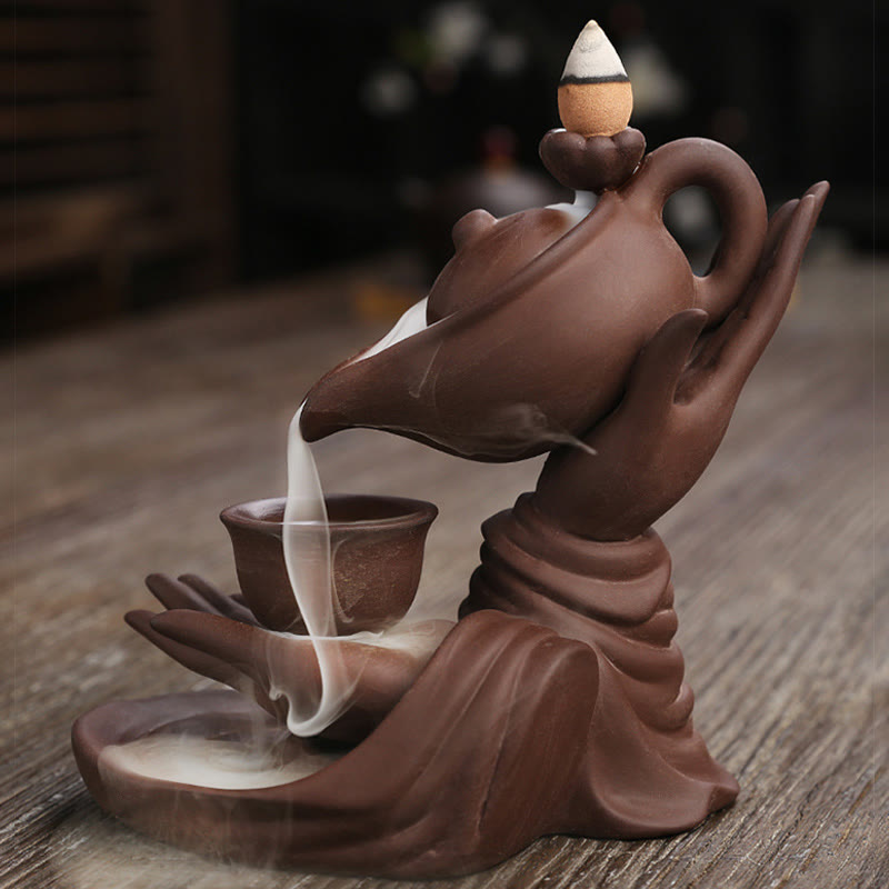 Buddha Stones仏陀の手を持つティーポットカップ セラミック逆流煙噴水 癒しの香炉装飾 - image 13