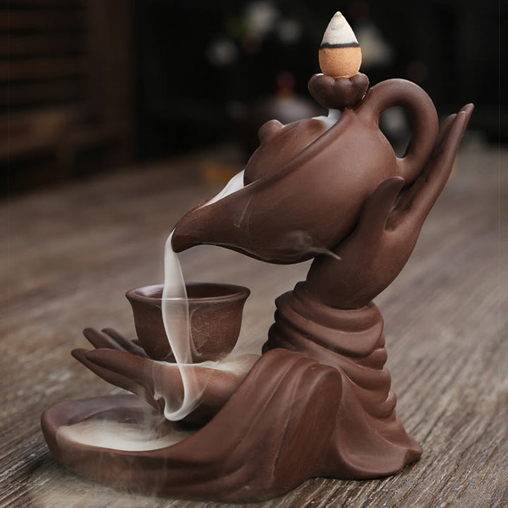 Buddha Stones仏陀の手を持つティーポットカップ セラミック逆流煙噴水 癒しの香炉装飾 - image 13