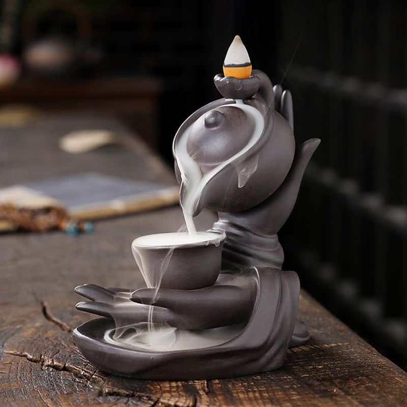 Buddha Stones仏陀の手を持つティーポットカップ セラミック逆流煙噴水 癒しの香炉装飾 - image 5