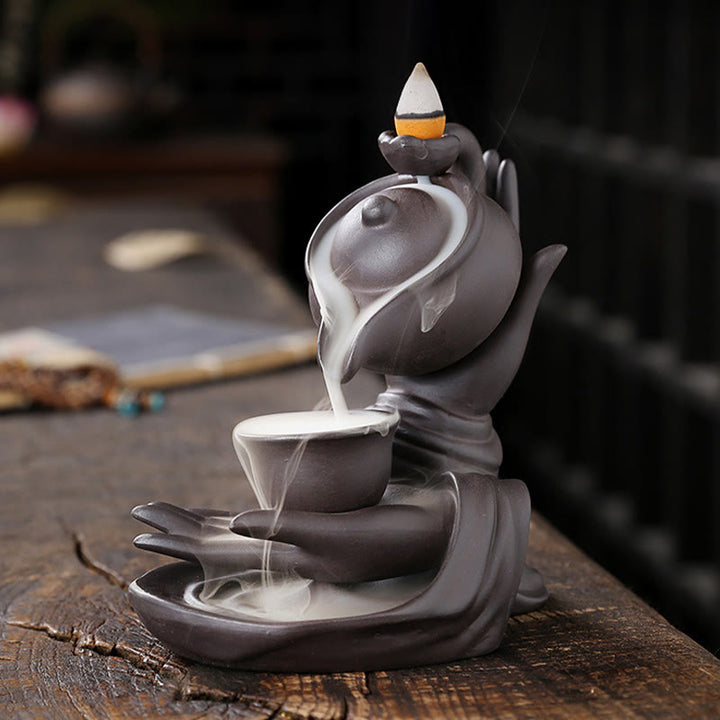 Buddha Stones仏陀の手を持つティーポットカップ セラミック逆流煙噴水 癒しの香炉装飾 - image 5