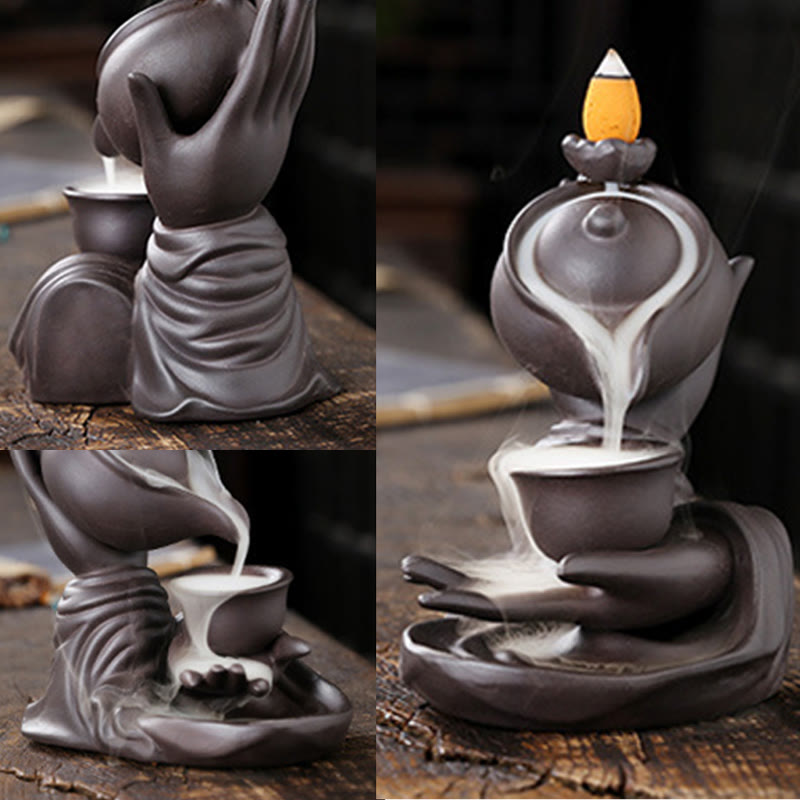 Buddha Stones仏陀の手を持つティーポットカップ セラミック逆流煙噴水 癒しの香炉装飾 - image 9