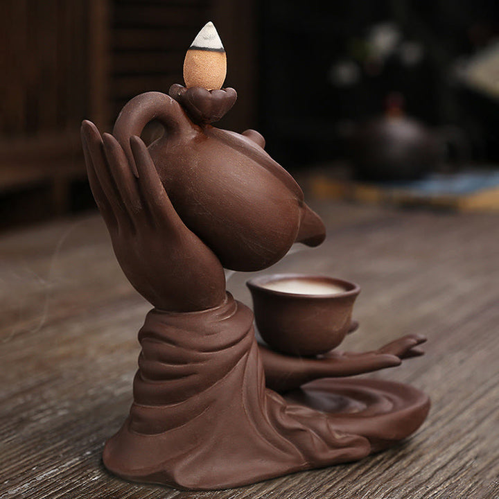 Buddha Stones仏陀の手を持つティーポットカップ セラミック逆流煙噴水 癒しの香炉装飾 - image 15