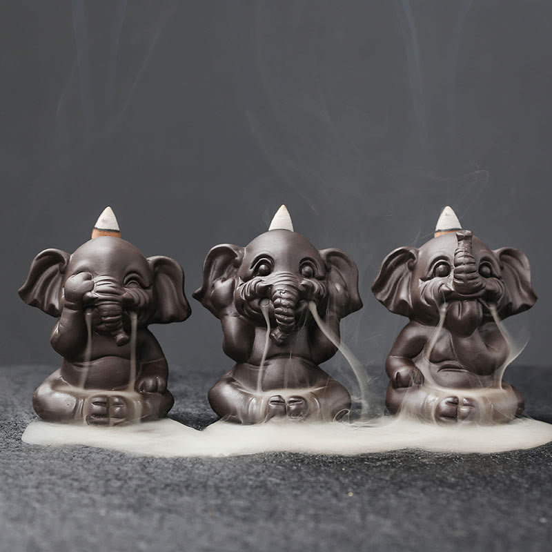 Buddha Stonesかわいい象 紫粘土 逆流煙噴水 平和 癒し 香炉 装飾 - 象3体セット - image 1