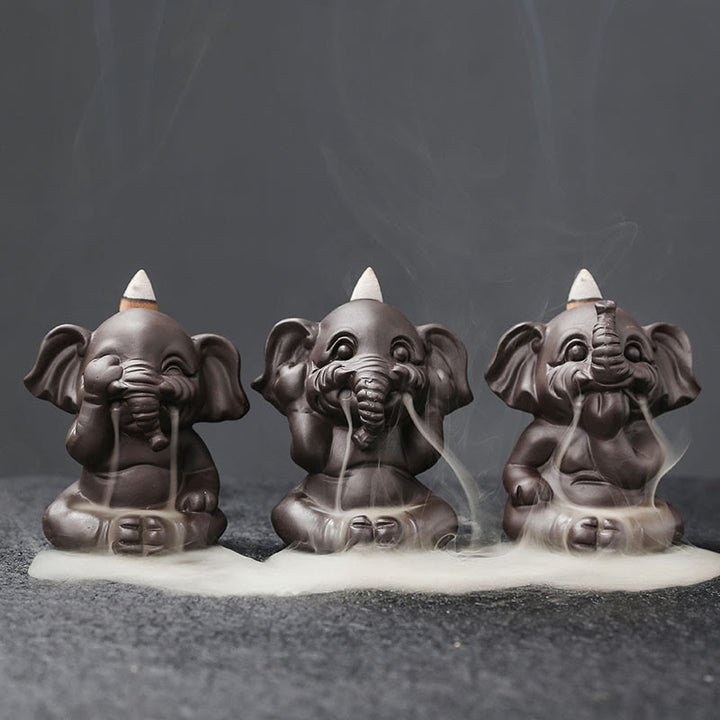 Buddha Stonesかわいい象 紫粘土 逆流煙噴水 平和 癒し 香炉 装飾 - 象3体セット - image 1