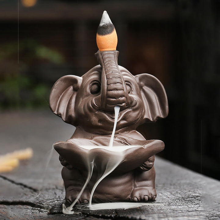 Buddha Stones小さな象の葉っぱを持つ紫粘土の逆流煙噴水 癒しの香炉装飾 - image 8
