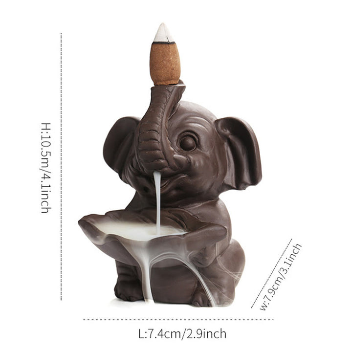 Buddha Stones小さな象の葉っぱを持つ紫粘土の逆流煙噴水 癒しの香炉装飾 - image 16