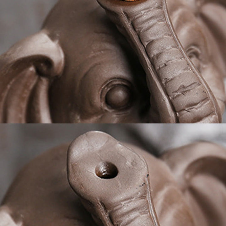 Buddha Stones小さな象の葉っぱを持つ紫粘土の逆流煙噴水 癒しの香炉装飾 - image 15