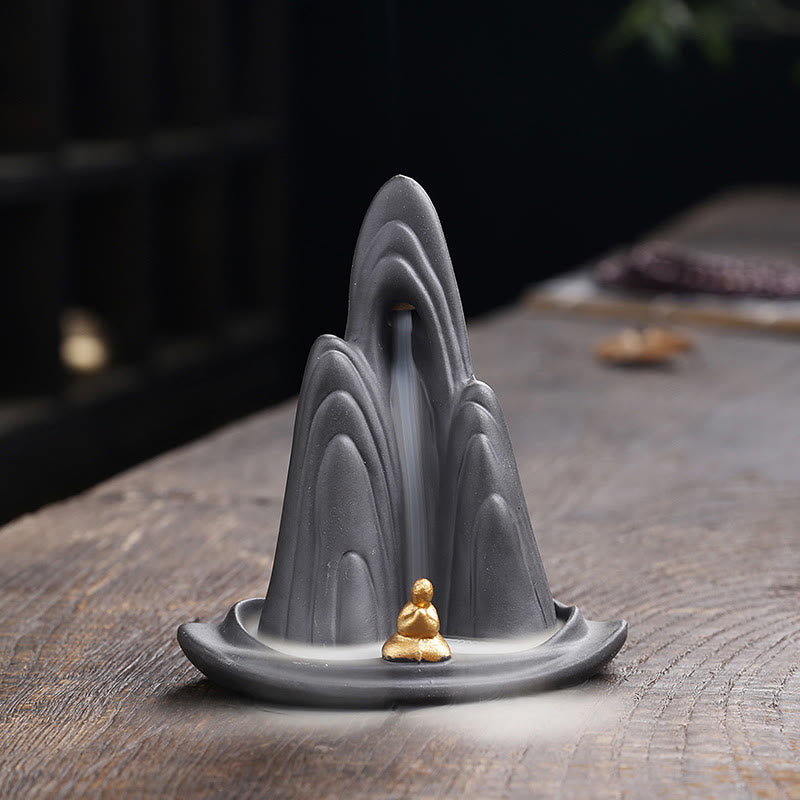 Buddha Stonesリトルモンク山 流水 紫粘土 セラミック ヒーリング 逆流香炉 装飾 - 10×6.6×10.8cm（お香を除く） - image 1