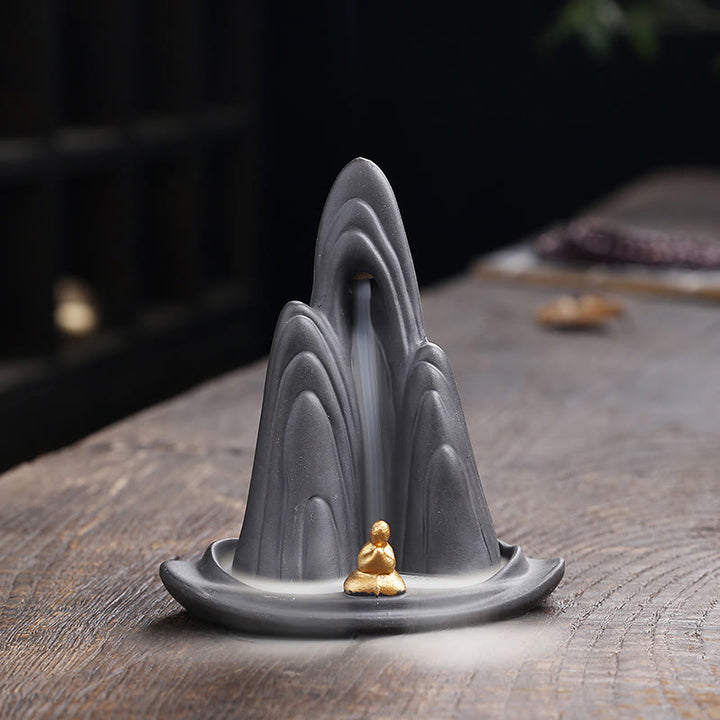 Buddha Stonesリトルモンク山 流水 紫粘土 セラミック ヒーリング 逆流香炉 装飾 - 10×6.6×10.8cm（お香を除く） - image 1