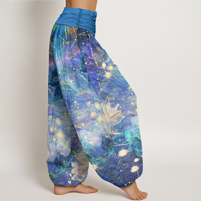 Buddha Stones、鯉、蓮、月、星柄、レディース 伸縮性ウエスト ハーレムパンツ - image 2